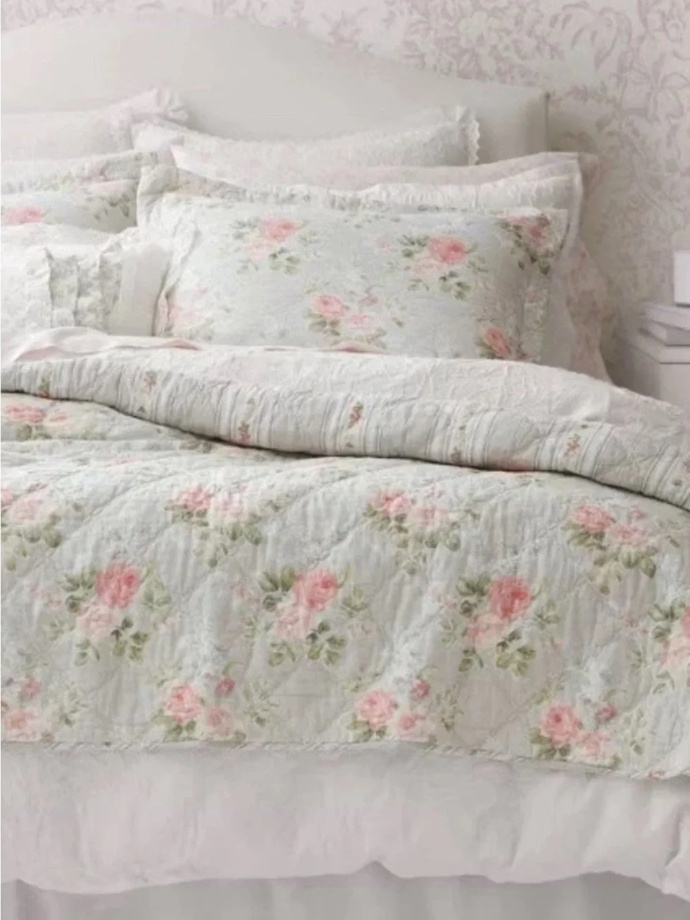 Laura Ashley ~ KING Melany Pink Rose Floral 3pc 100%Cotton Quilt Set Reversible